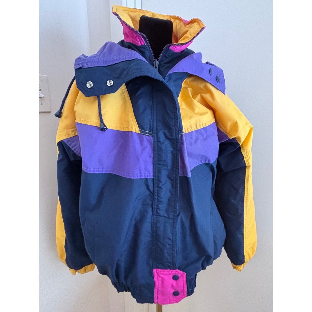 Vintage Colorblock Hooded Ski Jacket Navy Yellow Purple Pink